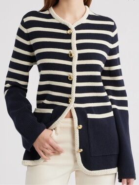 Rag & Bone Nora Stripe Cotton Blend Cardigan. Navy. Size L. NWOT.